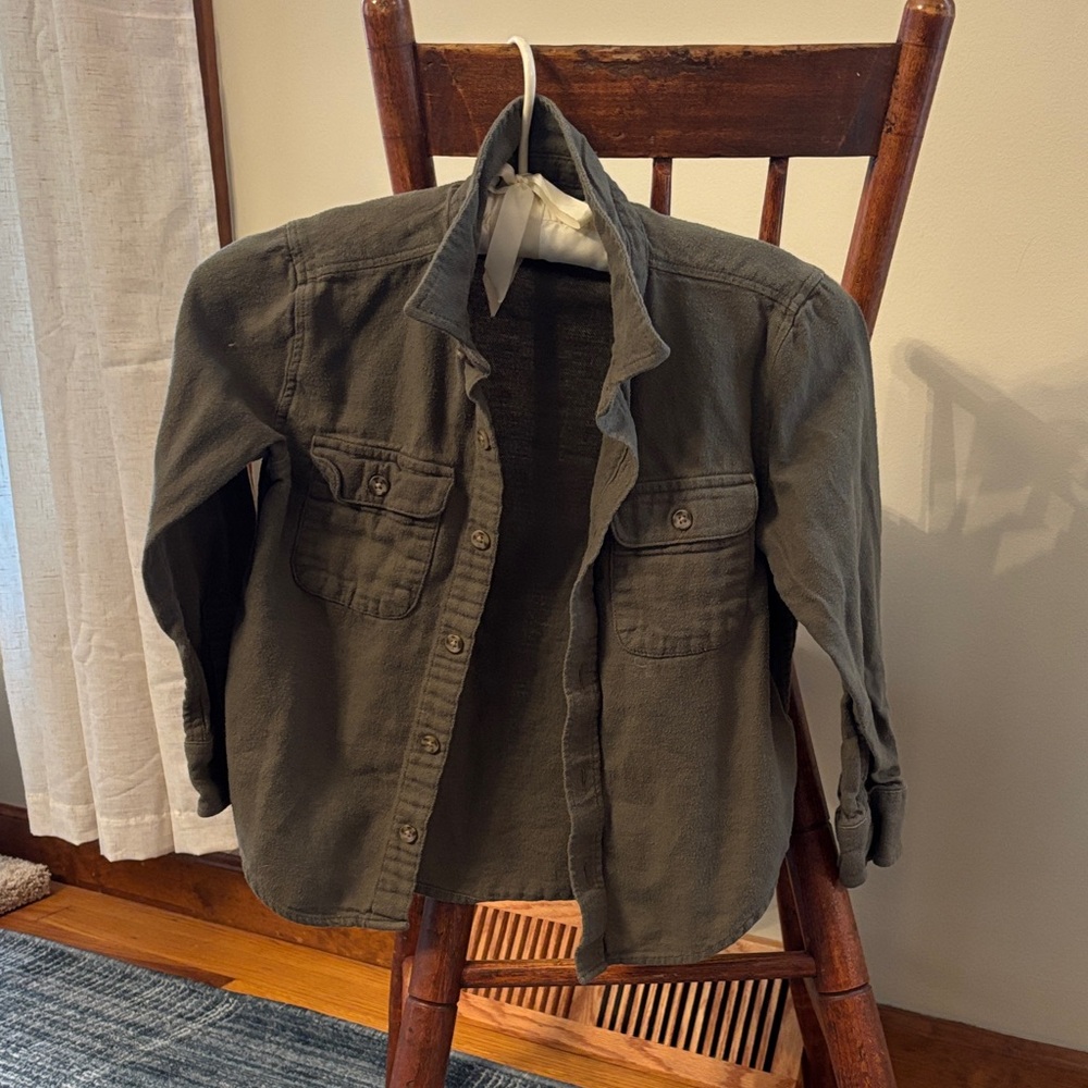 Kids Small Olive Green Button-Up Utility Flannel Shirt
